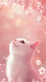 White Cat Gazing Upward in Pastel Pink Bokeh Environment