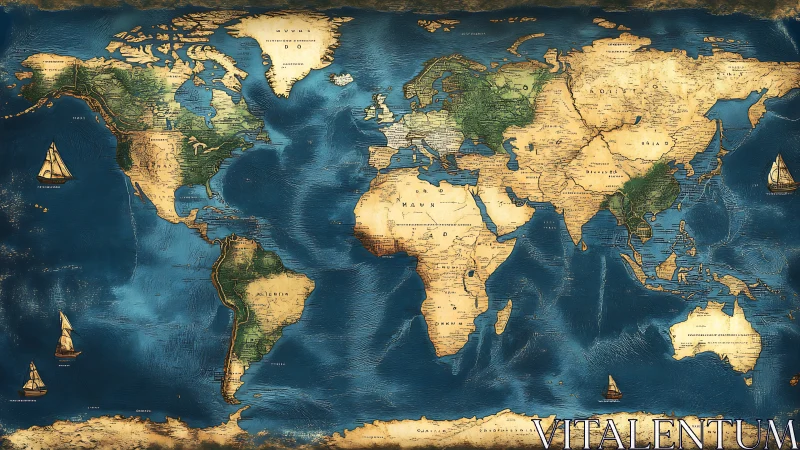 Vintage world map illustration with nautical cartographic detailing.