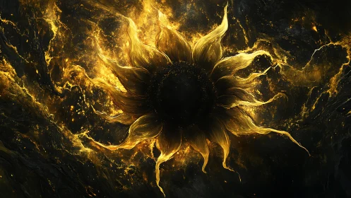 Golden solar-like abstract form in dark cosmic space.