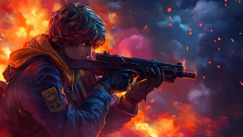 Sniper in neon firestorm rendered as dynamic digital painting