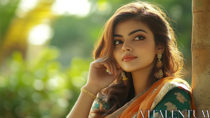 Woman in traditional attire near blurred outdoor foliage.