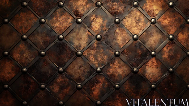 Oxidized diamond-plate metal grid with riveted nodal joints.