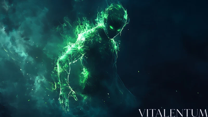 Humanoid energy figure in green plasma on dark background.