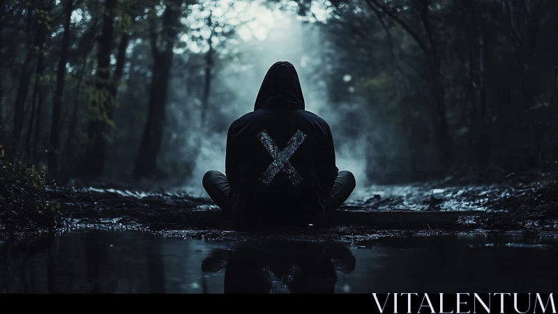 Hooded figure with X symbol seated in dim forest clearing.