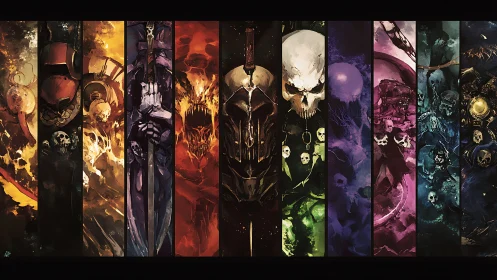 Vertical spectral panels depict armored skull icons in saturated hues