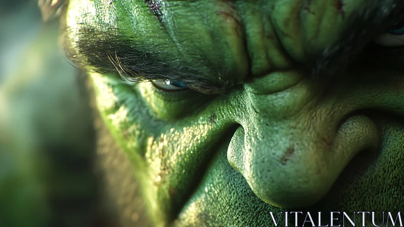 Macro-rendered green titan face under intense directional light.
