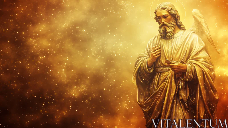 Golden robed angelic figure against luminous star field.