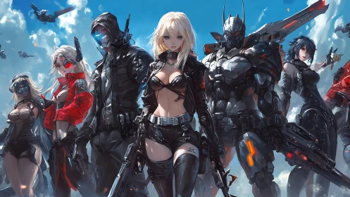 Cybernetic strike squad dominates burning azure skyline.