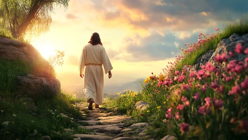 Sunlit wanderer on a blooming hillside path of quiet hope.