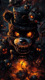 Burning-eyed animatronic bear amid dark mechanical swarm.