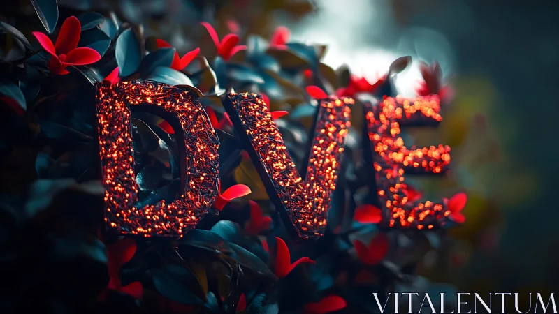 Glowing Love Typography with Red Flowers and Bokeh.