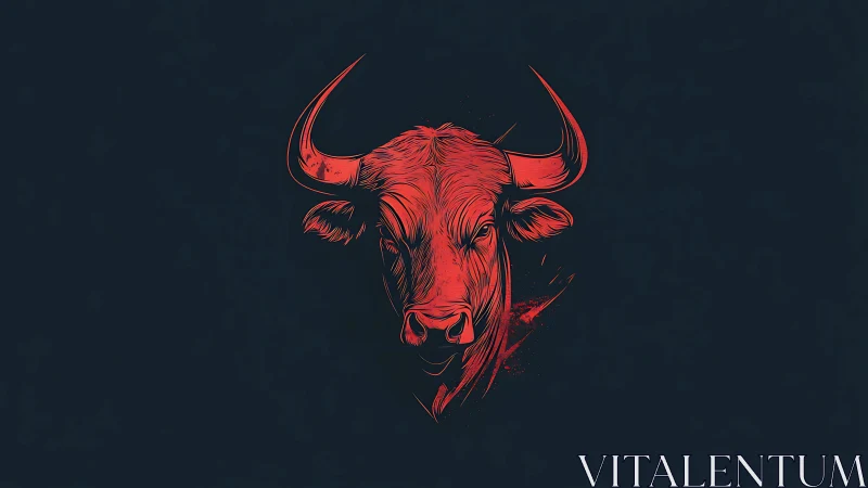 Digital painting of a red bull head on dark minimal field.