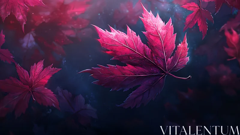 Digital painting of crimson maple leaves on twilight water.