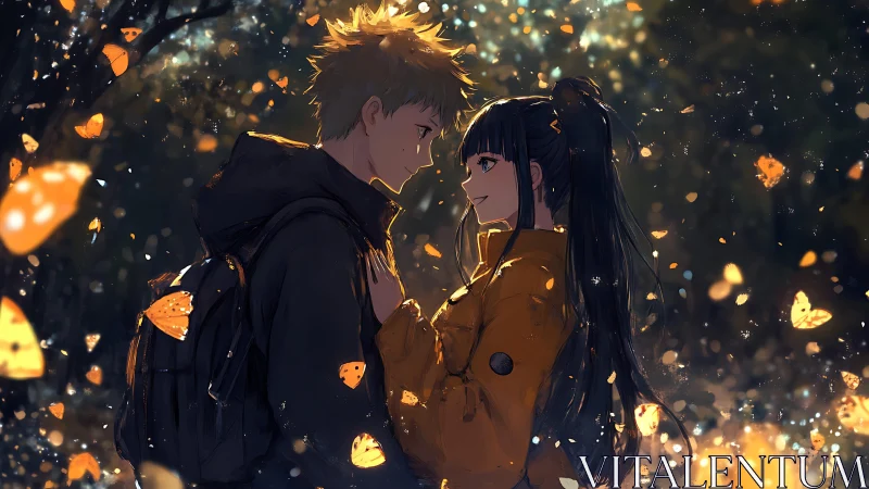 Butterfly-lit forest holds two shy hearts in glowing pause