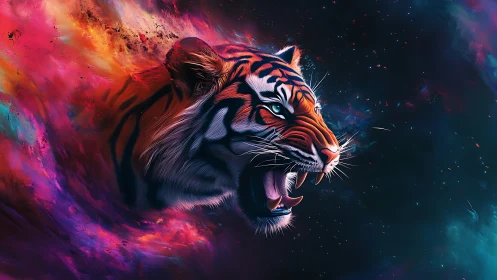 Neon cosmic tiger head emerges from prismatic nebula stream