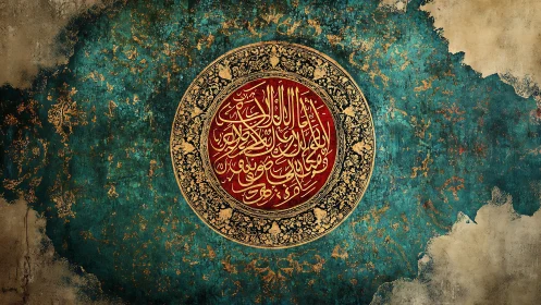 Circular Arabic calligraphy occupies a central textured medallion