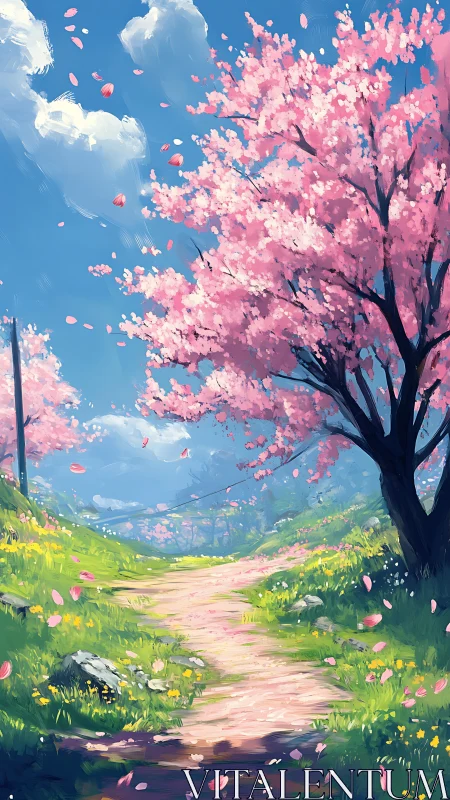 Gentle spring path wanders beneath blooming pink cherry trees