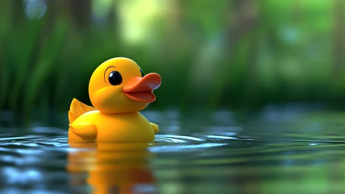 Sunny yellow rubber duck drifting on gentle green water.