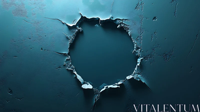 Cracked Wall with Large Circular Hole in Moody Blue Tones.