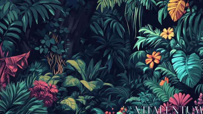 Nocturnal Jungle Scene: Layered Foliage with Vibrant Floral Accents