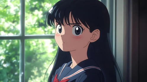 Softly lit anime schoolgirl gazing out a sunlit window.