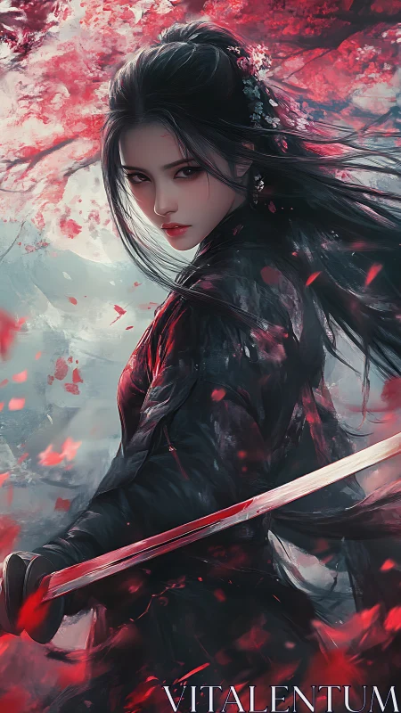 Female swordswoman in dark robe amid red petals and mist.