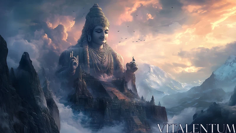 Colossal mountain deity emerging from mist-lit temple city