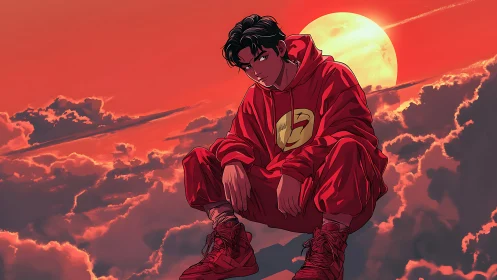 Hooded figure seated above clouds against red sunset sky.