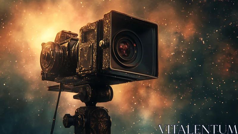Cosmic vintage camera gazes into glowing nebula haze.