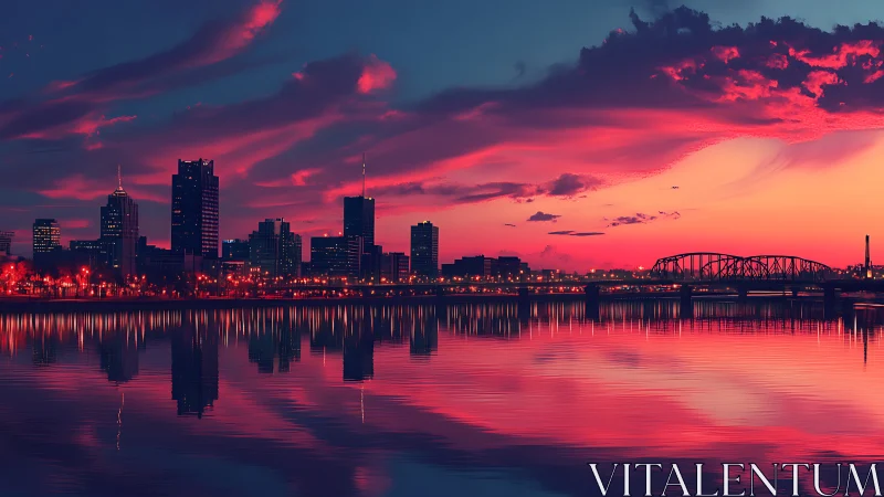 Spectral urban skyline reflected across chromatic riverscape.