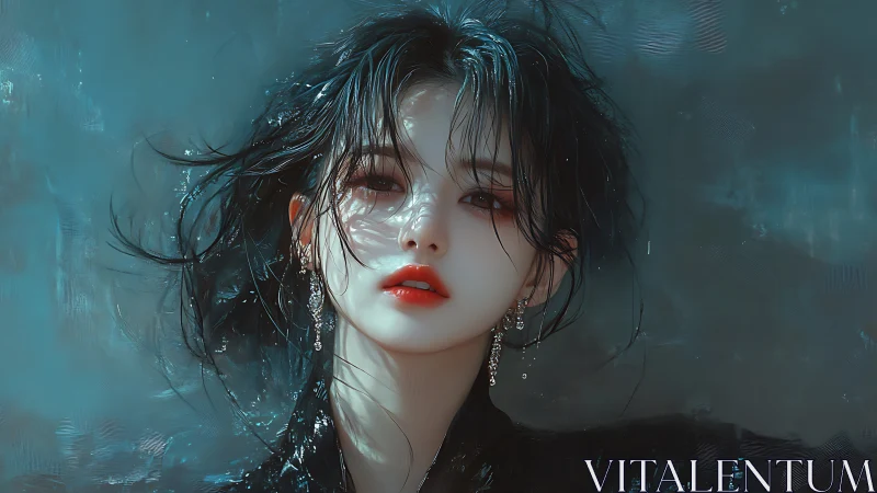 Storm-kissed siren gazes through teal rainlit silence.