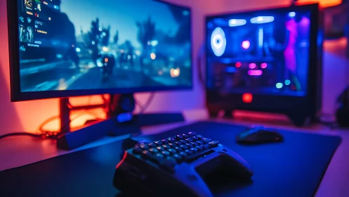 RGB-lit gaming workstation with mechanical keypad and desktop.