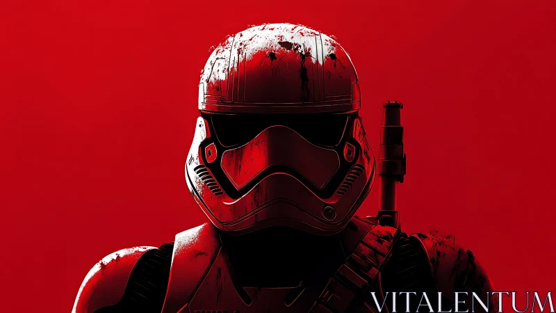 Crimson-soaked trooper stares back through battle-scarred visor
