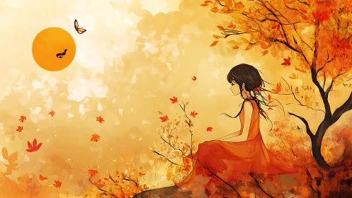 Girl seated under autumn tree with butterflies and sun.