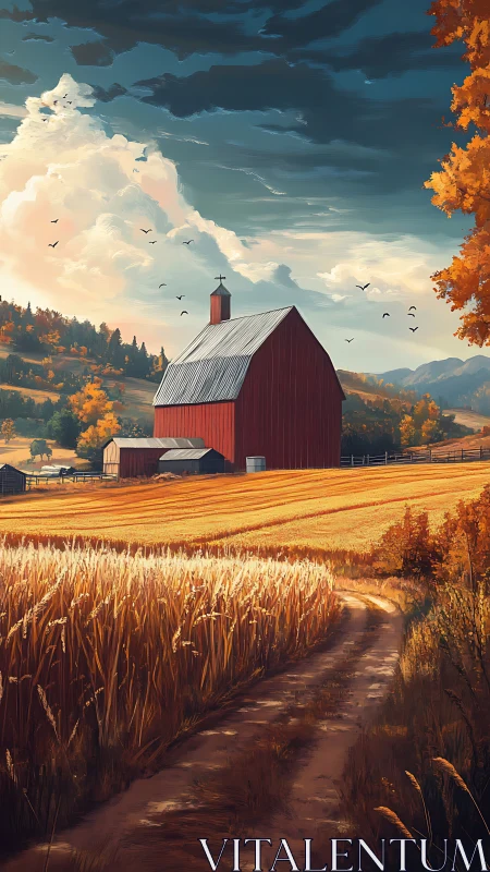 Red barn in golden wheat fields under dramatic sky.