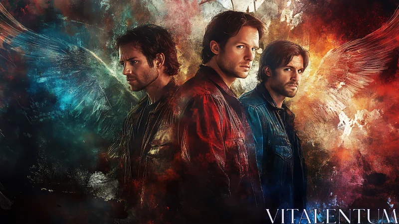 Winged guardians ignite between firestorm and fallen dusk.