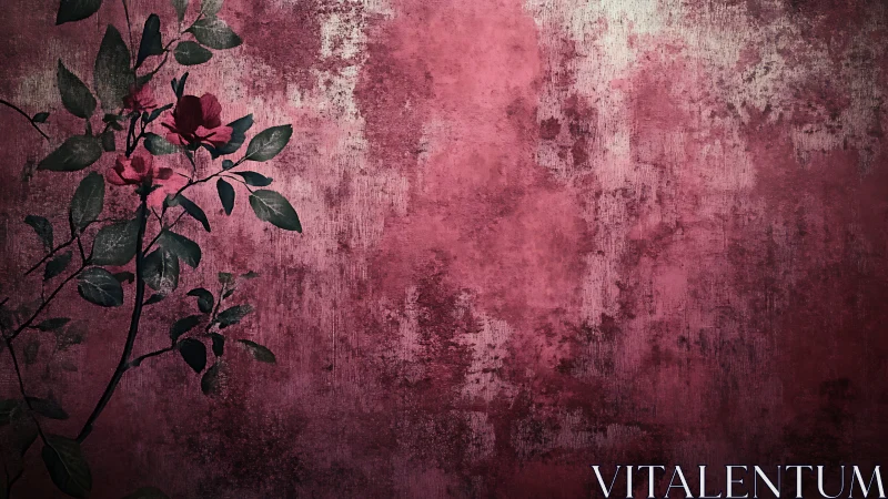 Floral branch crosses textured red background surface