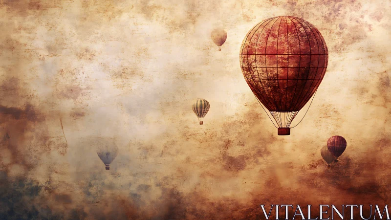 Vintage hot air balloons drifting across textured sky.