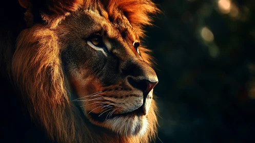 Majestic lion portrait in golden rim light profile view.