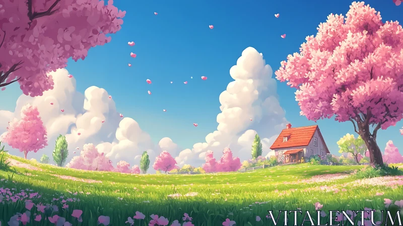 Spring meadow cottage under pink blossom trees in bloom.