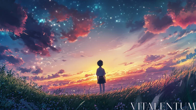 Silhouette of a child observes star-filled twilight sky