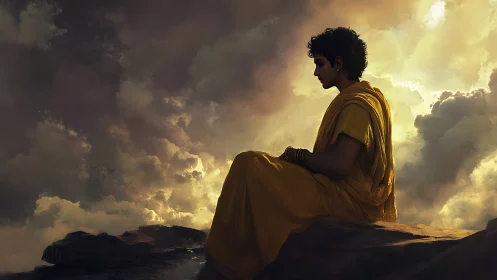 Young robed figure seated against dramatic clouded sky.