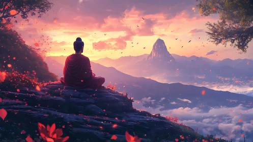 Peaceful monk greets a glowing mountain sunrise in silence
