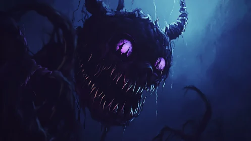 Nocturnal horned void-creature reveals bioluminescent eyes and fangs