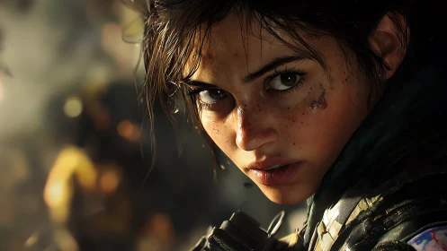 Battle-scarred warrior girl locks on with burning resolve.