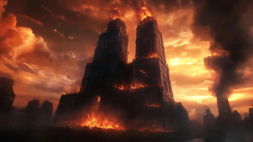 Gothic Cathedral Engulfed in Apocalyptic Inferno with Dramatic Sky