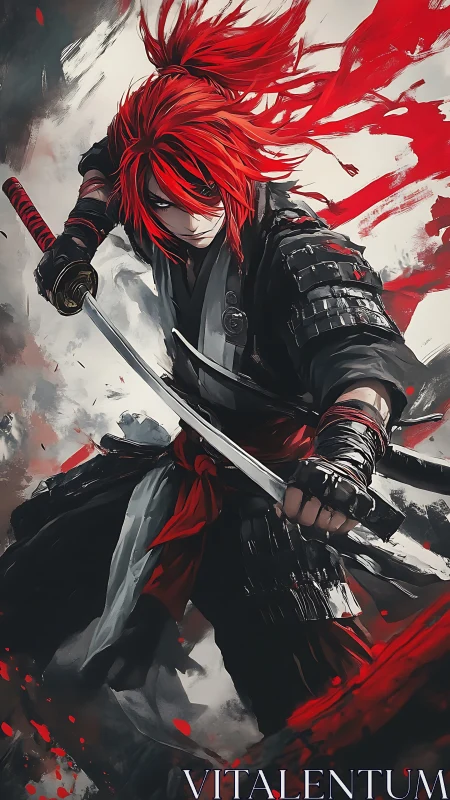 Red-haired swordsman holds drawn katana in dynamic stance