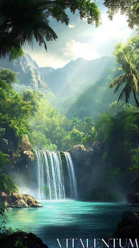 Lush jungle waterfall pool under bright mountain light.