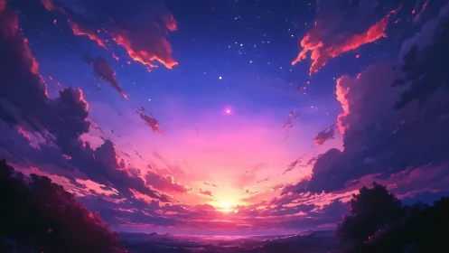 Glowing sunset sky gently melts into a dreamy starlit night