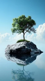 Solitary tree crowns mirrored rock above still water.